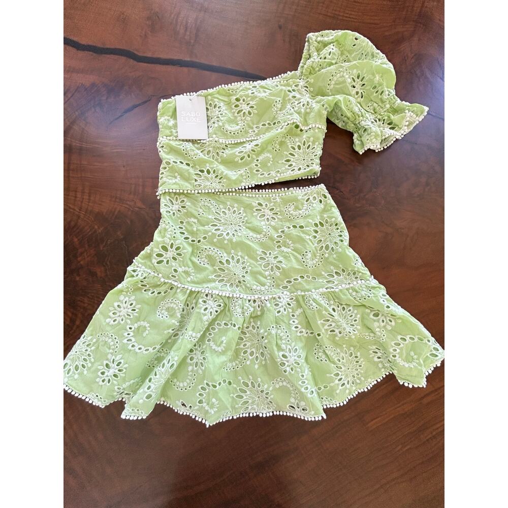 Mini Eyelet Off-Shoulder Dress in Light Green